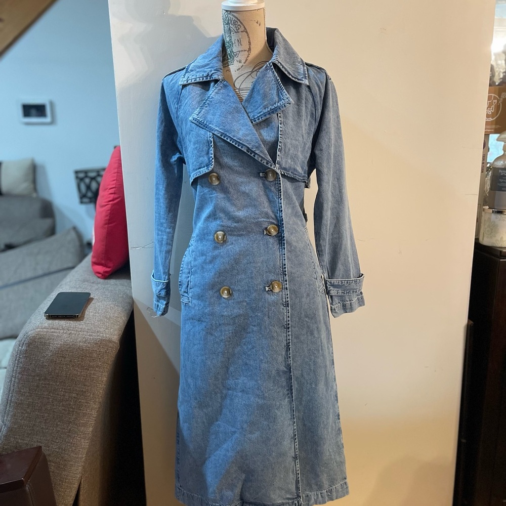 DKNY Light Blue Denim Double-Breasted Trench Coat